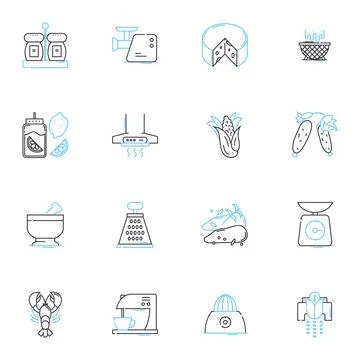 Tableware items linear icons set. Plates, Bowls, Cups, Saucers, Forks, Spoons Stock Illustration