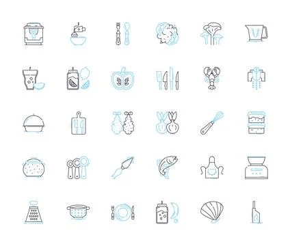 Tableware items linear icons set. Plates, Bowls, Cups, Saucers, Forks, Spoons Stock Illustration