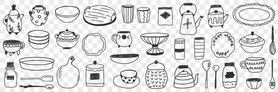 Tableware on kitchen doodle set Stock Illustration