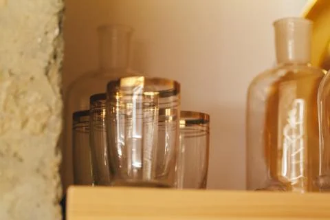 Tableware on kitchen table with autumn decor close up Stock Photos