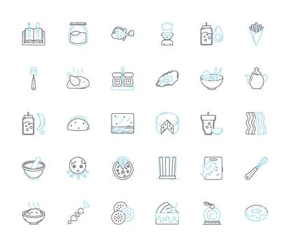Tableware linear icons set. Plate, Bowl, Glass, Mug, Spoon, Fork, Knife line Stock Illustration