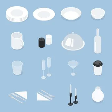 Tableware Objects Set Isometric Illustration Illustrazione stock