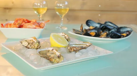 Tableware seafood and white wine Stock Footage 61250758