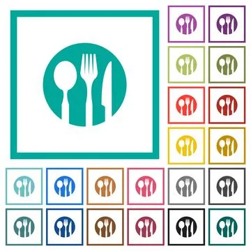 Tableware set solid flat color icons with quadrant frames Stock Illustration