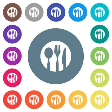 Tableware set solid flat white icons on round color backgrounds Stock Illustration