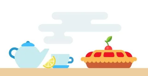 Tableware for tea and cherry pie vector icon flat isolated Stock Illustration