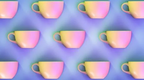 Tableware theme backdrop. Bright beautiful ceramic mugs on a blue background. Stock Illustration
