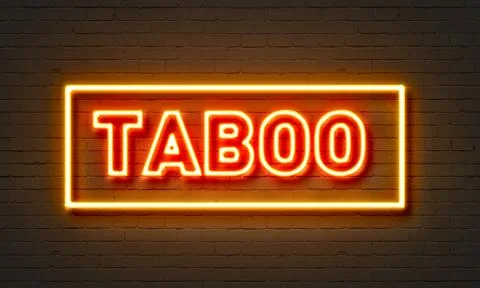 Taboo neon sign on brick wall background. Illustrazione stock