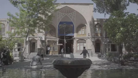 Tabriz Brand Bazaar Iran Amir Arcade Courtyard Fountain Pan with People Daytime Stock Footage 331595674