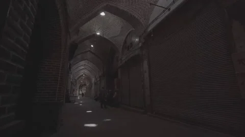 Tabriz Grand Bazaar Corridor Closed Shops Wide Shot Historic Market Iran (RAW) Stock Footage 331593444