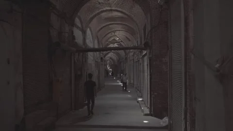 Tabriz Grand Bazaar Corridor Forward Movement People Walking Closed Shops Iran Stock Footage 331593460