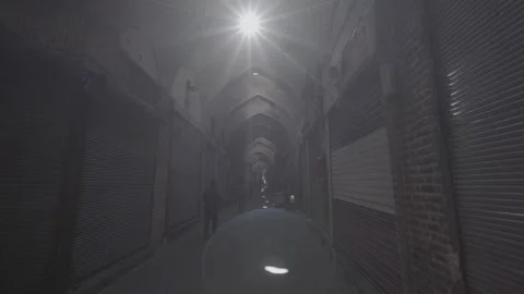 Tabriz Grand Bazaar Corridor Tracking Shot Light Rays People Walking Iran (RAW) Stock Footage 331593443
