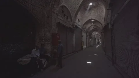 Tabriz Grand Bazar Corridor Static Wide Shot Men Talking Traditional Market Iran Stock Footage 331593452