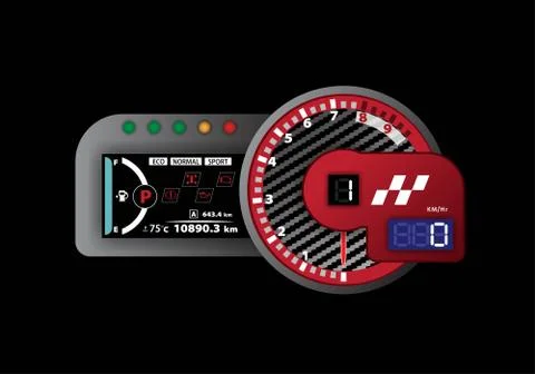 Tachometer racing and speedometer with LCD display digital backlight isolated. Stock Illustration