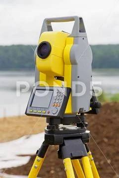 The tachymeter is used in the field to determine the coordinates Stock Photos