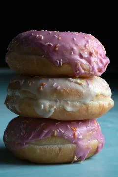 Tack of three glazed donuts with pink icing and colorful sprinkles Stock Photos