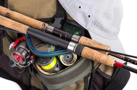 Tackles in handbag with cap Stock Photos