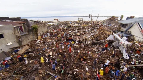 Tacloban, Immediately Post-Haiyan Cleanup of Damage, Aerial Stock Footage 107131469