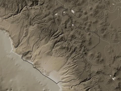Tacna, Peru. Elevation map colored in sepia tones with lakes and rivers Stock Illustration