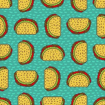 Taco drawing background. Mexican fast food pattern. Food from mexico ornament Stock Illustration