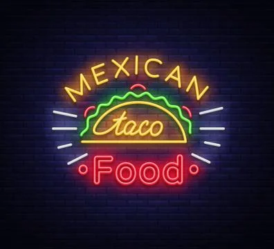 Taco logo vector. Neon sign on Mexican food, Tacos, street food, fast food Stock Illustration