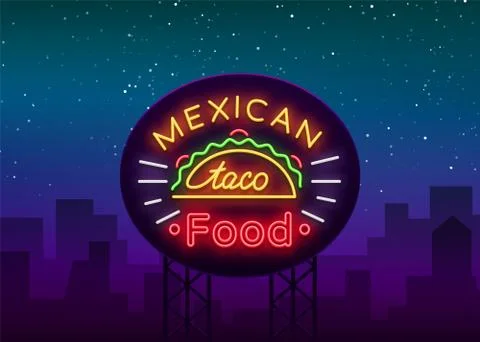 Taco logo vector. Neon sign on Mexican food, Tacos, street food, fast food Stock Illustration