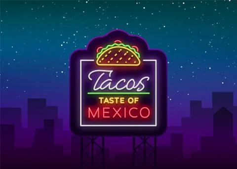 Taco logo vector. Neon sign on Mexican food, Tacos, street food, fast food Stock Illustration