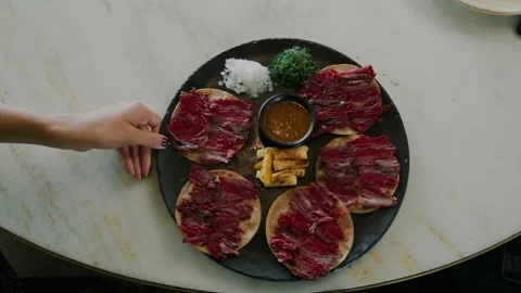 Tacos al pastor in a table medium shot Stock Footage 339843206