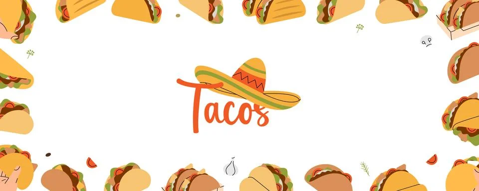 Tacos elements in horizontal banner. Mexican cuisine restaurant food. Tasty fast Stock Illustration