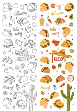 Tacos elements in vertical banner. Tacos with meat, vegetable and tortilla Stock Illustration