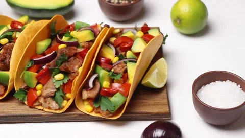 Tacos with pork, avocado, tomatoes, corn and onions. Mexican food. Stock Footage 167991002