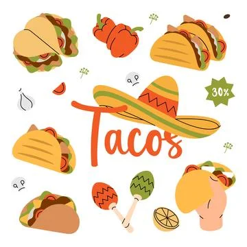 Tacos set. Tacos with meat, vegetable and tortilla. Hand drawn elements for cafe Stock Illustration