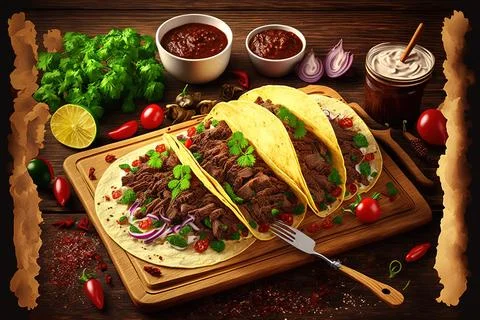 Tacos with slow cooked meat barbacoa. Authentic Mexican cuisine. Generative AI Stock Illustration