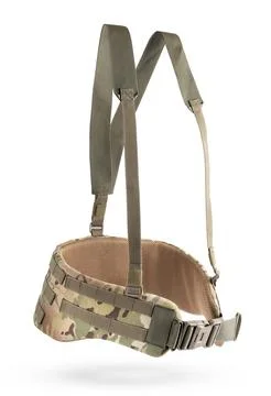 Tactical back support belt in multicam camouflage with removable flat straps. Stock Photos