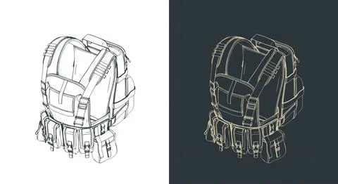 Tactical backpack and chest rig isometric blueprints Stock-Illustration