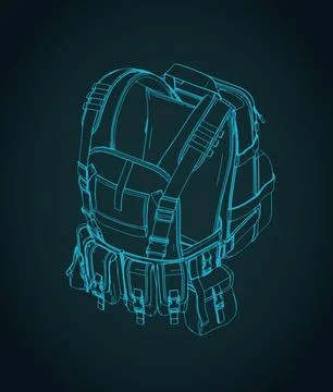 Tactical backpack and chest rig isometric blueprint Stock-Illustration