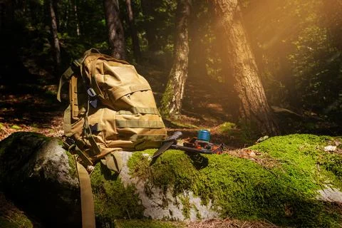 Tactical backpack with flashlight and knife laying on forest rocks. Stock Photos