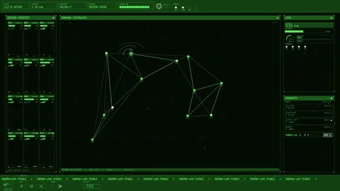 Tactical drone swarm command interface with green telemetry data and networ.. Stock Footage 334092579