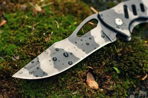 Tactical folding knife with water drops for survival on moss background Stock-Fotos