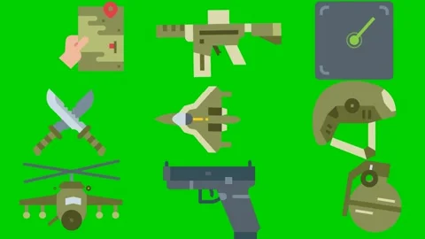 Tactical gear on green screen featuring map rifle radar knife jet helmet Stockbeeldmateriaal 334704233