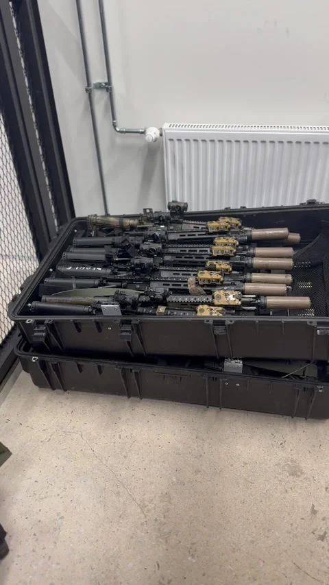 Tactical Gear Hard Case Storage – Military Equipment in Armory Stock Footage 327071830