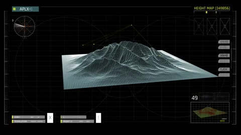 Tactical HUD Interface with 3D Wireframe Terrain Height Map and Satellite Dish 動画素材 338433655