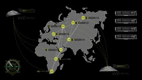 Tactical HUD Interface with Eurasia and Africa Map Nodes and 3D Telemetry 動画素材 338433618