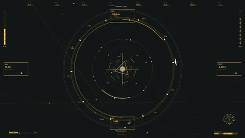 Tactical sci-fi HUD interface featuring golden telemetry data and rotating .. Vídeo Stock 334093960