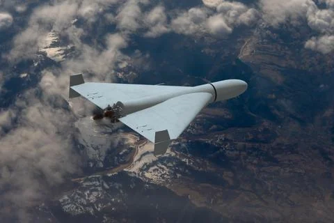 A tactical strike drone over the ground, a modern combat drone moving at hi.. Stock-Fotos
