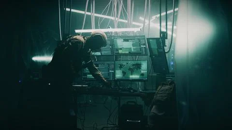 Tactical team searching hacker base Fotos Stock