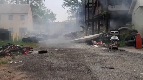 Tactical training town with destroyed and exploded vehicles Stock Footage 111849044