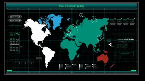 Tactical World Map HUD Interface with Cyber Security Data Scanning and Tracking 動画素材 338433596