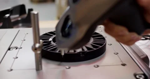 Tactile Probe Checking Black Plastic Part, Measuring Machine, Close Up Shot Stockbeeldmateriaal 340635701