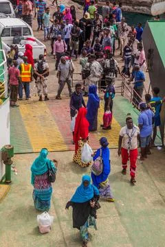 TADJOURA, DJIBOUTI - APRIL 20, 2019: People board Ferry Mohamed Bourhan Kassi Stock Photos